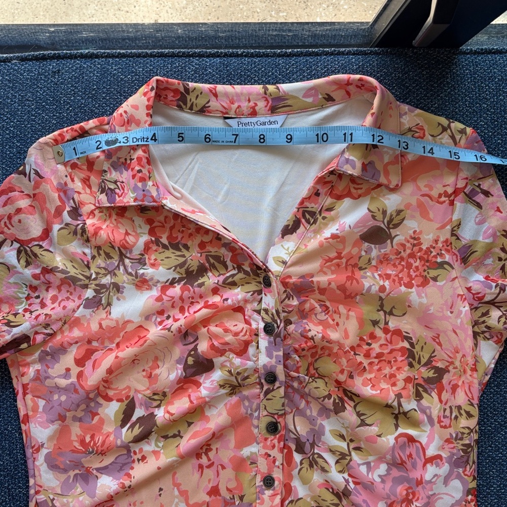 PrettyGarden:  Button-down Blouse, Size L, Coral/Lilac/Yellow Floral - Picture 8 of 8